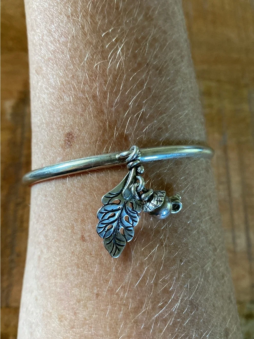Silver Bangle Bracelet with Leaf and Acorn Charms